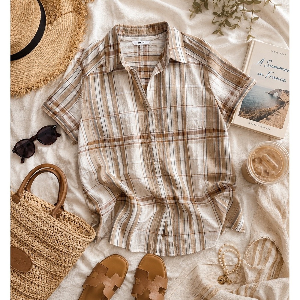 ALIA Plaid Button Up Shirt Womens 16 Brown Tan Short Sleeve Utility Granola Girl